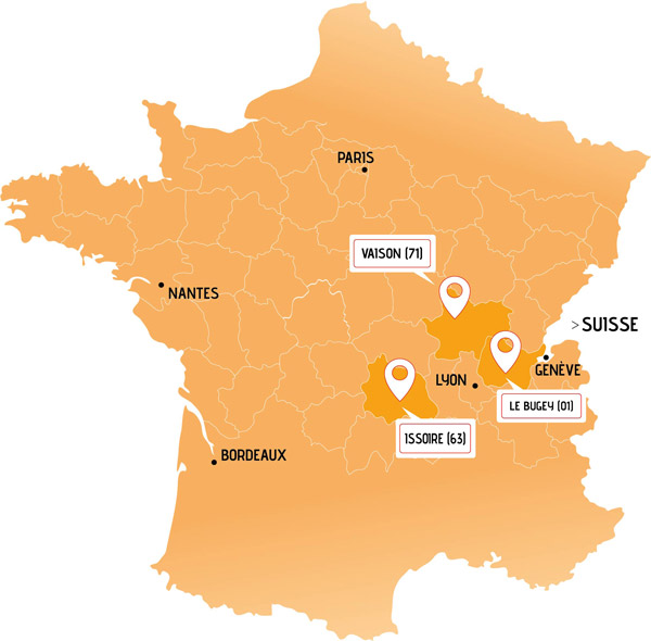 Carte de France avec localisation d'Issoire, Vaison et Le Bugey près de Lyon